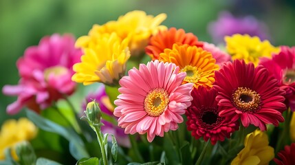 Bright and colorful bouquet of flowers with vibrant petals, lush green leaves in the background, cheerful and lively
