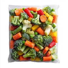 frozen vegetables mix in plastic packaging, top-down view, isolated on white background