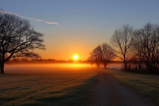 Sun setting over field with trees mist and a path creating a hazy golden atmosphere