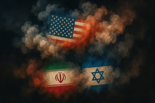 Symbolic image of U.S., Iranian, and Israeli flags amid dark smoke reflecting global unease and diplomatic tension.