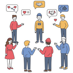 Six figures in flat vector style stand around talking with bubbles above their heads