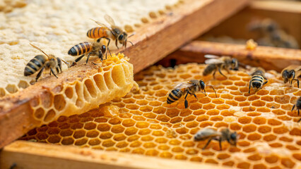 Busy honey bees constructing and caring for golden honeycomb cells within a wooden beehive frame