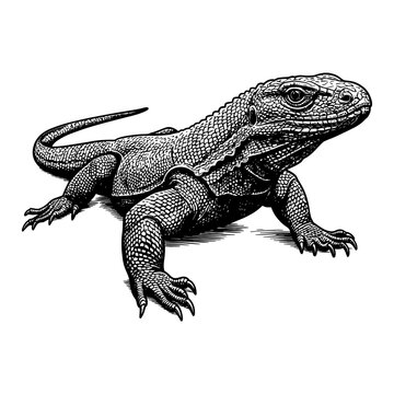A Comodo Dragon Full Shot Vintage Engraving Style Reptile Detailed Black and White Outline Line Art Drawing