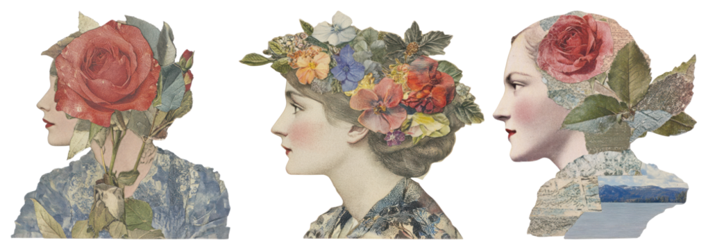 PNG Vintage floral collage portraits, element set on transparent background