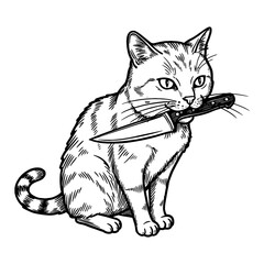 Obraz premium Mischievous Angry Cat Holding a Knife in its Mouth Full Body Shot Black and White Outline Line Art Drawing