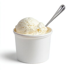 ice cream container with spoon, vanilla visible, isolated on white background