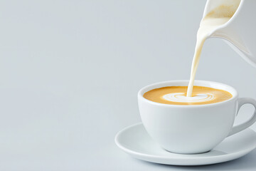 Creamy milk swirl blending into espresso in a minimalist white cup with copy space