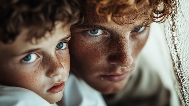 An intimate close-up of two individuals with freckles sharing a moment, showcasing emotions like love, connection, and vulnerability. Evokes a sense of closeness and affection.