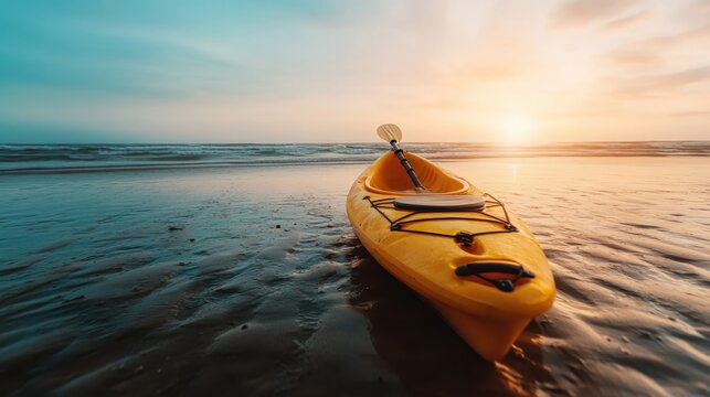 A serene yellow kayak sits on the shore as the sun sets over the horizon, capturing the tranquil beauty of nature and inviting adventure on the water.