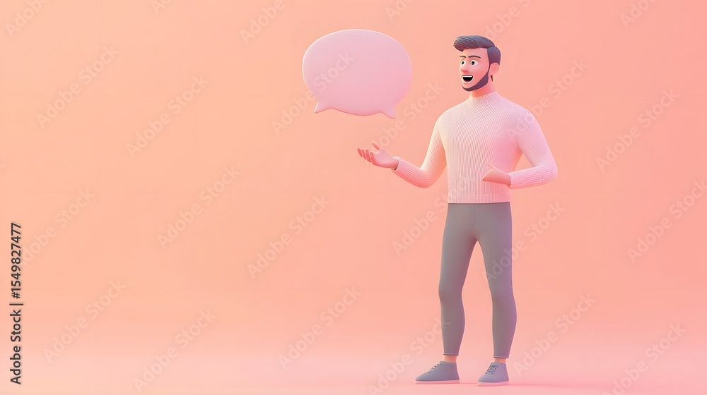 Poster cheerful man with speech bubble in a minimalistic studio setting