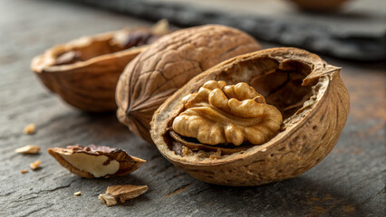 Fototapeta premium Close-up of whole and cracked walnuts with kernels on a dark wooden surface