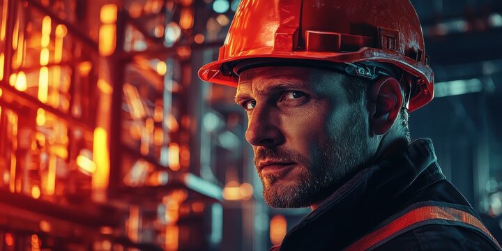 Stylized cinematic headshot of a skilled construction foreman, orange helmet, deep gaze, warm industrial lighting reflecting off steel structures