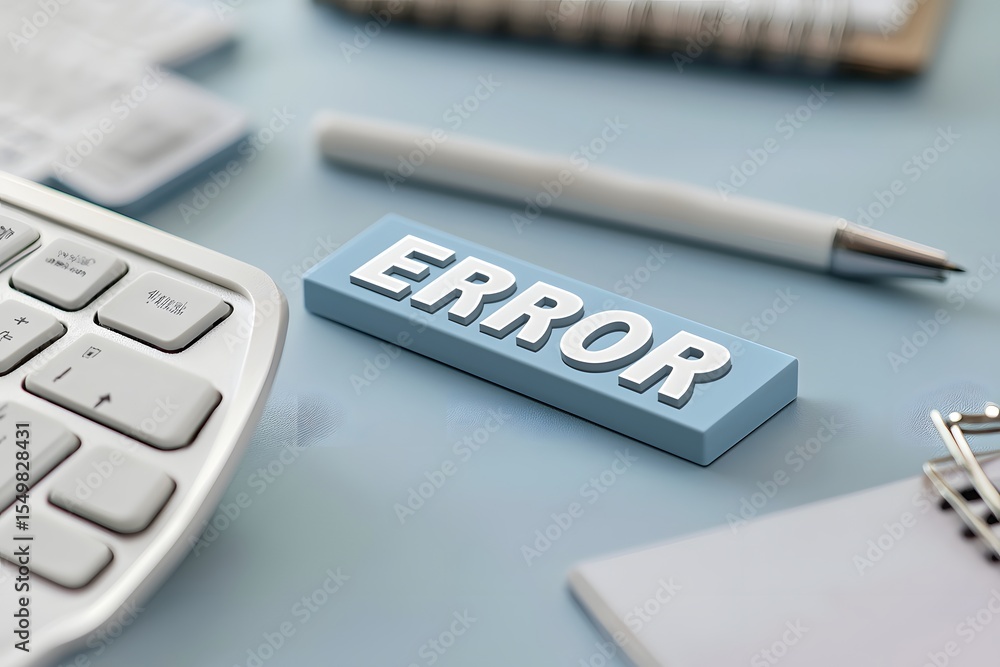 Fototapete error message display on work desk with keyboard and stationery items
