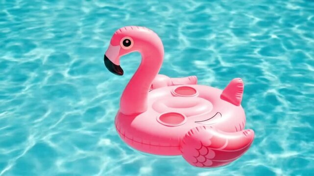 Pink flamingo pool float drifting peacefully in a bright blue swimming pool under sunlight.