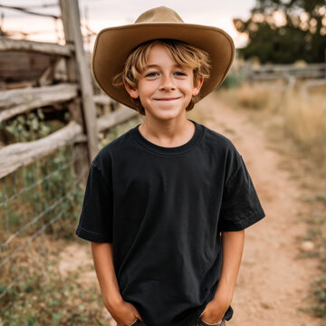 Kids black tshirt mockup. Handsome teen boy model in cowboy hat, wearing basic crewneck t-shirt standing in rural countryside. Youths regular shirt template. Youngs western lifestyle