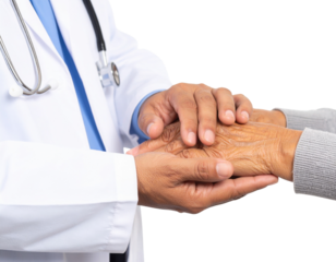 A doctor gently holds the hands of an elderly patient, symbolizing care, compassion, and support in a medical setting.