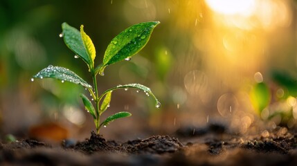 A small plant sprouts from the earth, glistening with water droplets under sunlight.