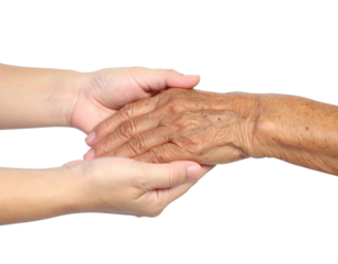 Two hands gently holding each other, one appearing older with wrinkles and the other younger and smoother.