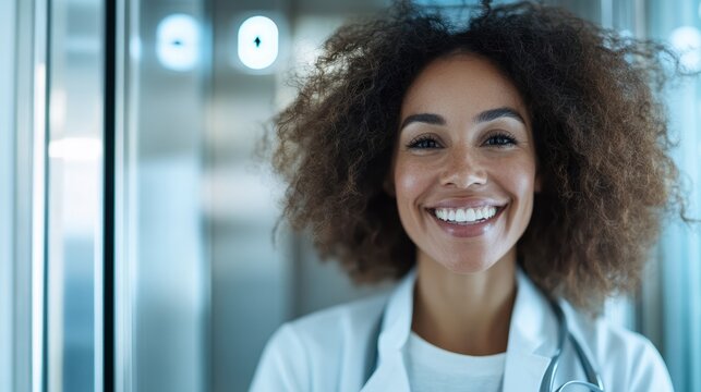 A friendly female doctor stands confidently in a contemporary medical office, presenting an approachable image that promotes trust, professionalism, and compassionate care towards patients.