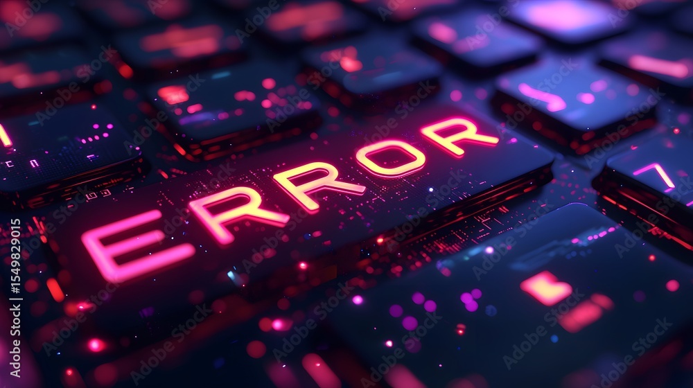 Poster futuristic keyboard with error message in neon glow effect