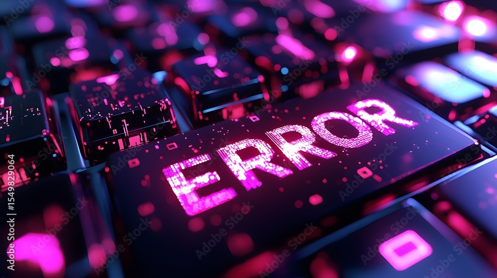 Poster futuristic keyboard with error message illuminated in neon colors