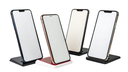 Three Smartphones on Charging Stands, Modern Minimalist Design, Blank Screens, Technology Mockup