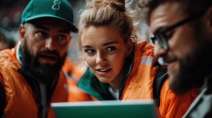 Fototapeta premium Three young individuals in bright vests discuss plans while working together, embodying the spirit of teamwork, communication, and collaboration in dynamic environments or events.
