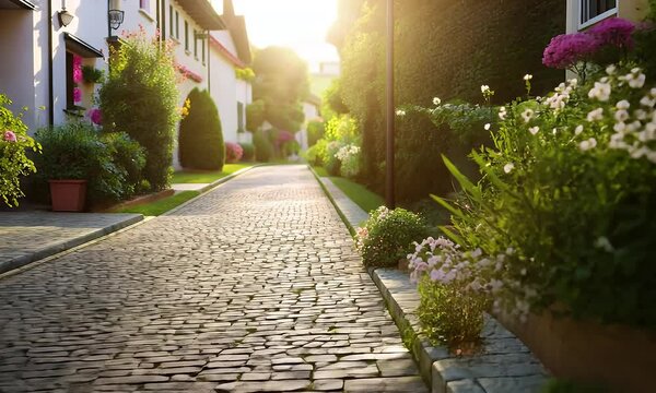 Sunlit Cobblestone Path Lined with Colorful Flowers and Pots in Residential Neighborhood Casting Warm Shadows Houses
