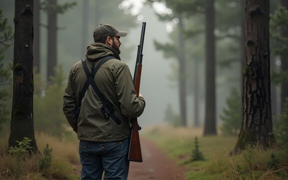 A man stands in a forest holding a rifle, perfect for outdoor scenes or hunting themes. High quality
