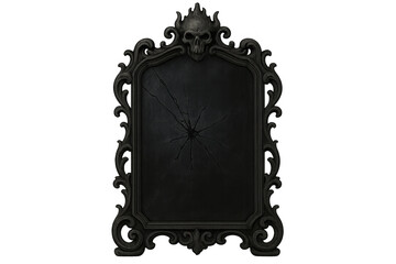 Cracked antique mirror reflecting gothic skull, intricate metallic frame casting shadowy ambiance against transparent backdrop