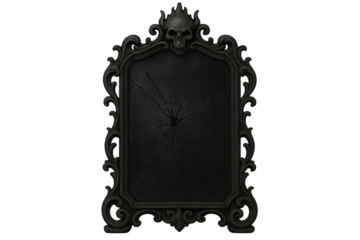 Cracked antique mirror reflecting gothic skull, intricate metallic frame casting shadowy ambiance against transparent backdrop