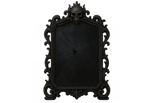Cracked antique mirror reflecting gothic skull, intricate metallic frame casting shadowy ambiance against transparent backdrop