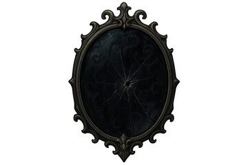 Dark and mysterious broken oval mirror with ornate frame isolated on transparent background, perfect for gothic or fantasy projects