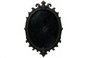 Dark and mysterious broken oval mirror with ornate frame isolated on transparent background, perfect for gothic or fantasy projects