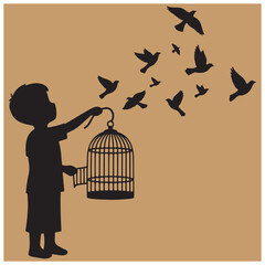 A silhouette of a boy releasing birds from a cage symbolizing freedom and hope