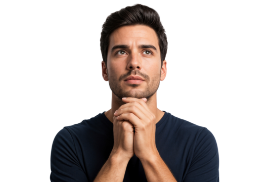 Hopeful young man with hands clasped in prayer, looking upward with a thoughtful expression, isolated on transparent background. Concept of faith, hope, and spirituality
