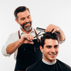  A smiling barber with a beard carefully cuts a young man's hair against a clean white background