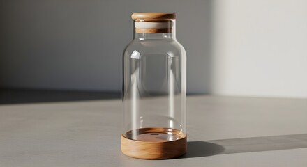 A high-resolution product mockup of a transparent glass tea bottle with elegant wooden lid and base, placed on a neutral stone or matte surface. Soft natural lighting with subtle shadows, minimalist a