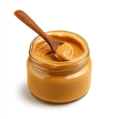 jar of peanut butter with spoon, smooth surface, isolated on white background