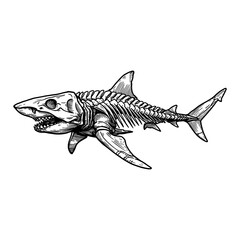 Detailed Shark Skeleton Anatomy Black and White Outline Line Art Drawing Marine Biology Vintage Style Etching