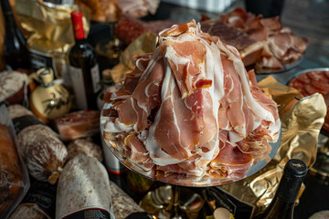 Photo of a generous pile of sliced pork served on a table in a restaurant setting. The juicy and...