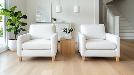Cozy Modern Living Room with White Armchairs and Natural Decor