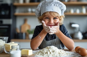 A young boy dressed in an apron and chef's hat, standing in the kitchen with his face covered in white flour while making dough for cookies