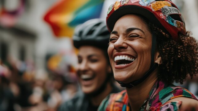 A vibrant image of two cyclists joyfully laughing together at a diverse event, highlighting unity, friendship, and the celebration of individuality within a lively atmosphere.