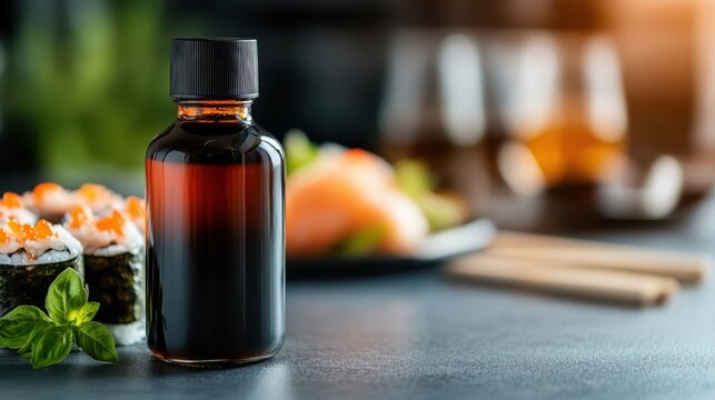 An elegant presentation of sushi accompanied by a bottle of soy sauce captures the essence of Japanese cuisine, inviting viewers to appreciate culinary art and flavors.