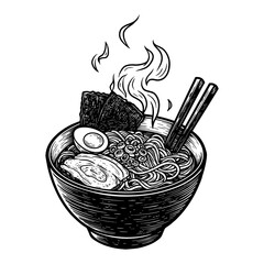 Bowl of Hot Ramen Noodles with Smoke Rising Topped with Egg Meat and Seaweed Black and White Outline Line Art Drawing