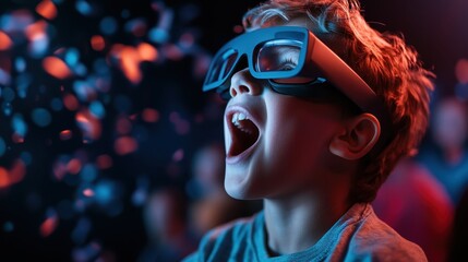 A joyful child wearing 3D glasses reacts excitedly to a thrilling virtual experience, surrounded by colorful lights and a lively atmosphere, capturing pure amusement.
