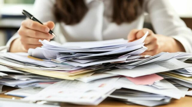 A businesswoman sorts through a disorganized stack of documents on a desk while working in a cluttered office setting