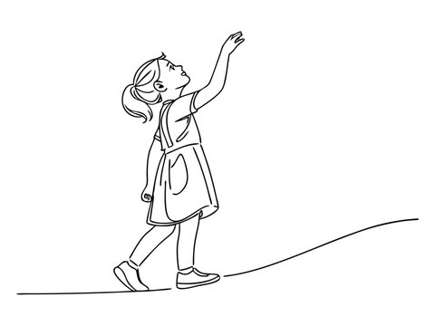 One continuous line is the concept. Continuous line drawing of an adorable little girl looking forward and holding up her hand for your minimalistic design. Vector illustration