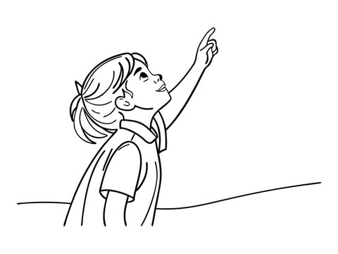 One continuous line is the concept. Continuous line drawing of an adorable little girl looking forward and holding up her hand for your minimalistic design. Vector illustration
